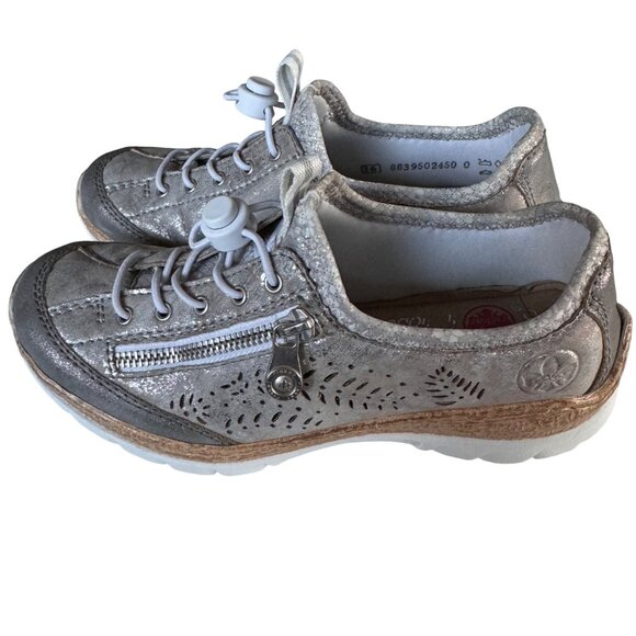 Rieker Nikita Trainer Womens Silver Leather Sneakers 36 US 6 Side Zipper Lace-Up - Picture 2 of 12